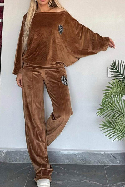 Full Size Boat Neck Long Sleeve Top and Pants Set Caramel for a perfect OOTD – dress to impress outfits from Amexza