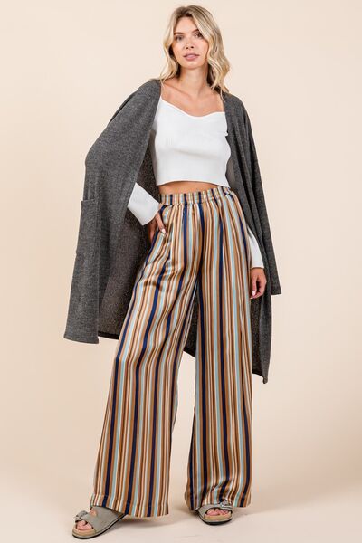 Mittoshop Striped Satin Elastic Waist Wide Leg Pants Navy Multi for a perfect OOTD – dress to impress outfits from Amexza