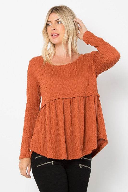 Be Stage Full Size Texture Babydoll Round Neck Long Sleeve Knit Top Rust for a perfect OOTD – dress to impress outfits from Amexza