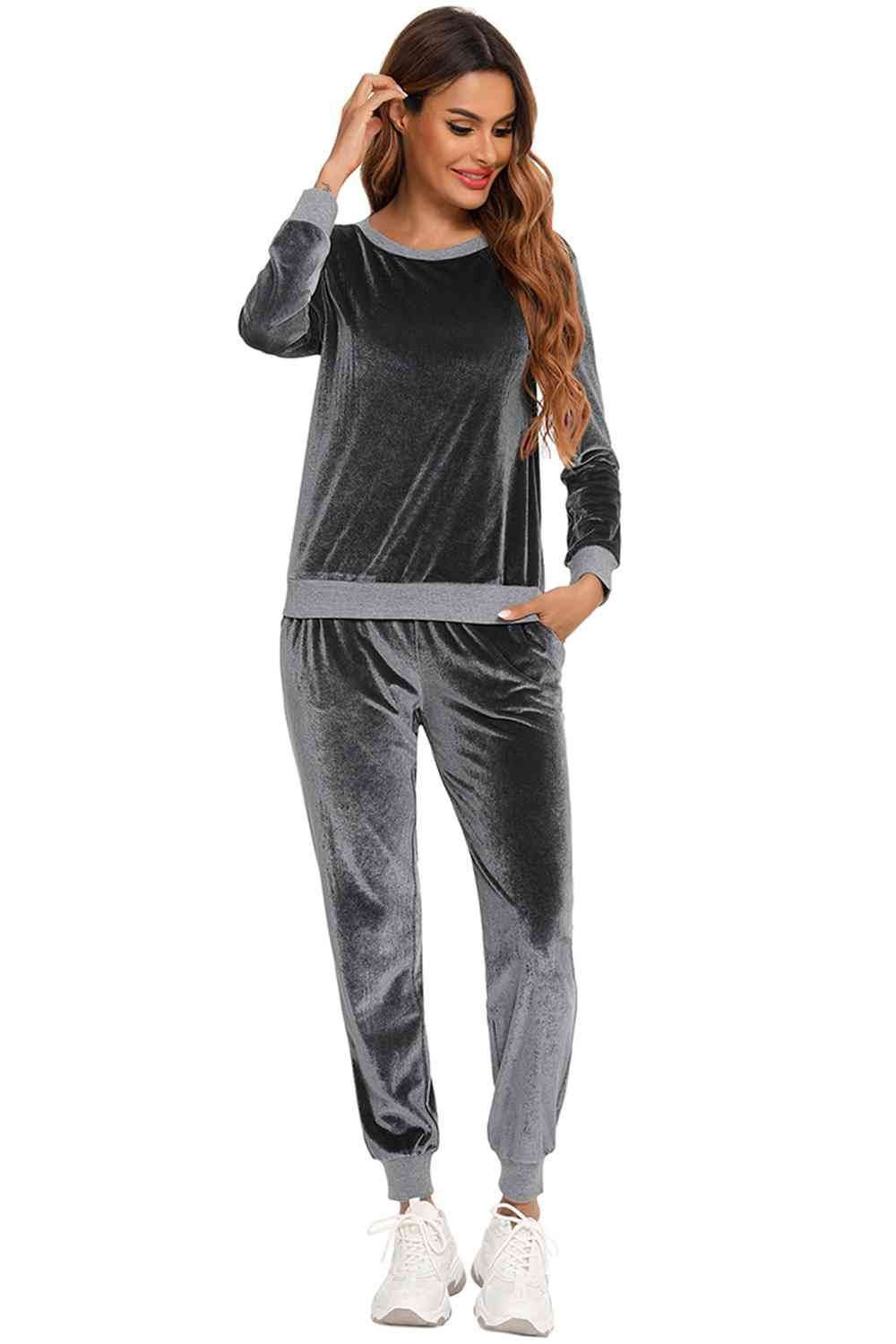 Round Neck Long Sleeve Loungewear Set with Pockets for a perfect OOTD – dress to impress outfits from Amexza