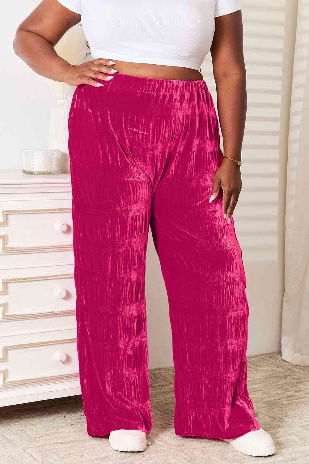 Double Take Full Size High Waist Tiered Shirring Velvet Wide Leg Pants for a perfect OOTD – dress to impress outfits from Amexza