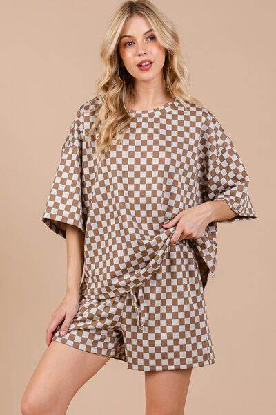 Ces Femme Checkered Round Neck Top and Shorts Set Camel for a perfect OOTD – dress to impress outfits from Amexza