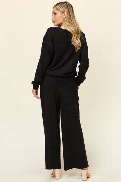 Double Take Full Size Texture Long Sleeve Top and Pants Set for a perfect OOTD – dress to impress outfits from Amexza