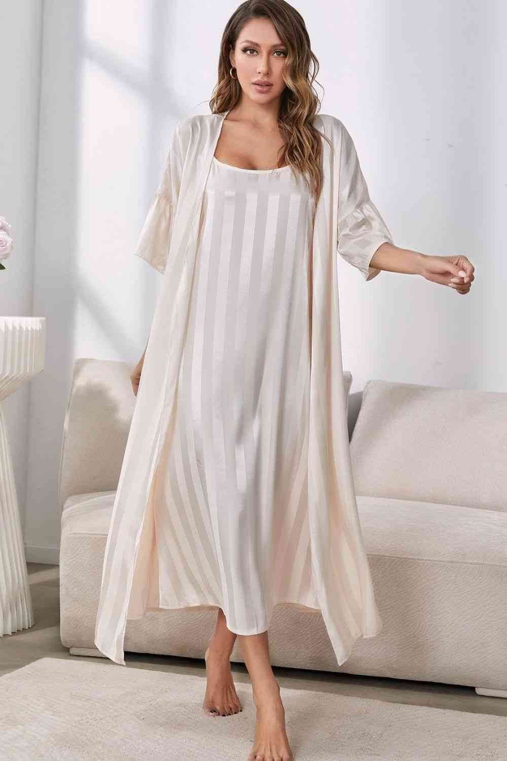 Striped Flounce Sleeve Open Front Robe and Cami Dress Set Beige for a perfect OOTD – dress to impress outfits from Amexza