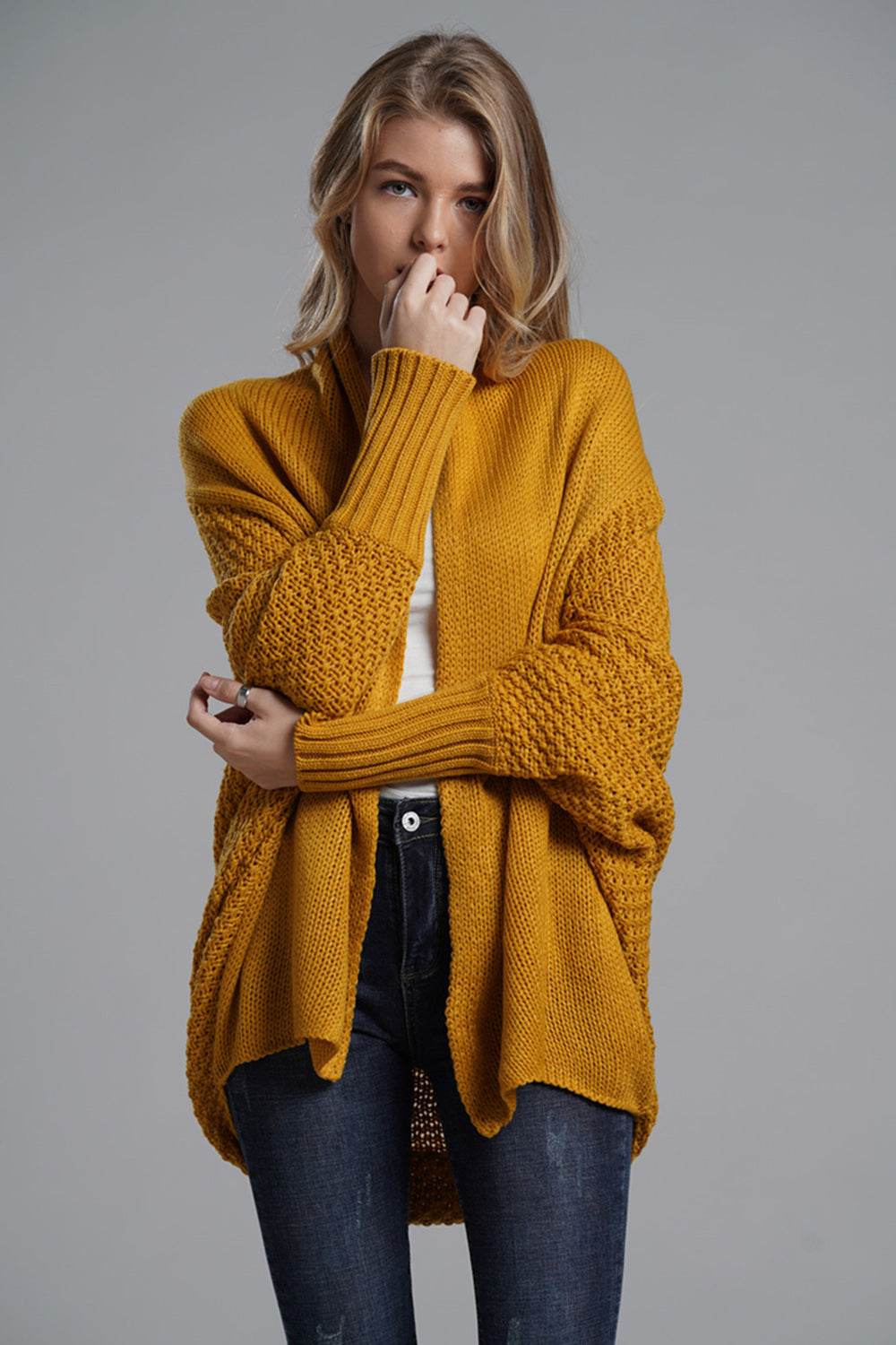 Open Front Batwing Sleeve Cardigan Mustard One Size for a perfect OOTD – dress to impress outfits from Amexza