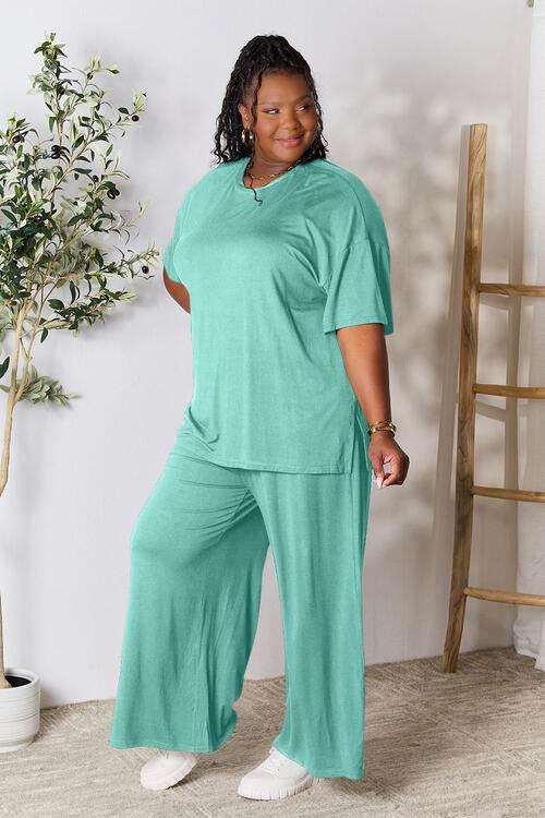 Double Take Full Size Round Neck Slit Top and Pants Set for a perfect OOTD – dress to impress outfits from Amexza