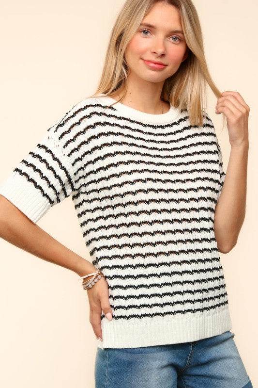 Haptics Openwork Striped Round Neck Half Sleeve Knit Top for a perfect OOTD – dress to impress outfits from Amexza