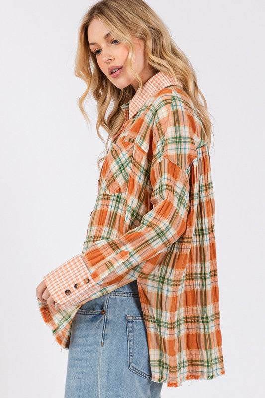 SAGE + FIG Side Slit Plaid Button Down Long Sleeve Shirt for a perfect OOTD – dress to impress outfits from Amexza