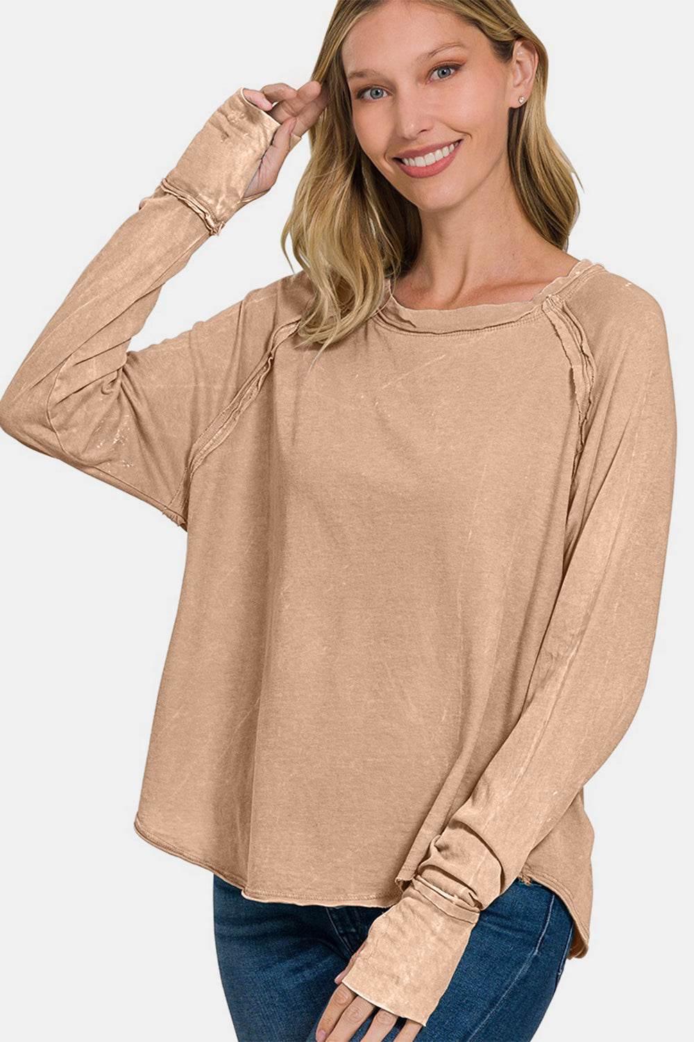 Zenana Round Neck Thumbhole Long Sleeve T-Shirt for a perfect OOTD – dress to impress outfits from Amexza