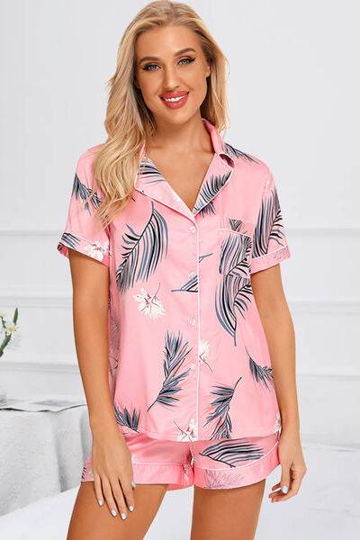 Printed Button Up Short Sleeve Top and Shorts Lounge Set Pink for a perfect OOTD – dress to impress outfits from Amexza