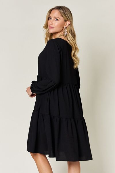 Double Take Full Size V-Neck Balloon Sleeve Tiered Dress with Pockets for a perfect OOTD – dress to impress outfits from Amexza