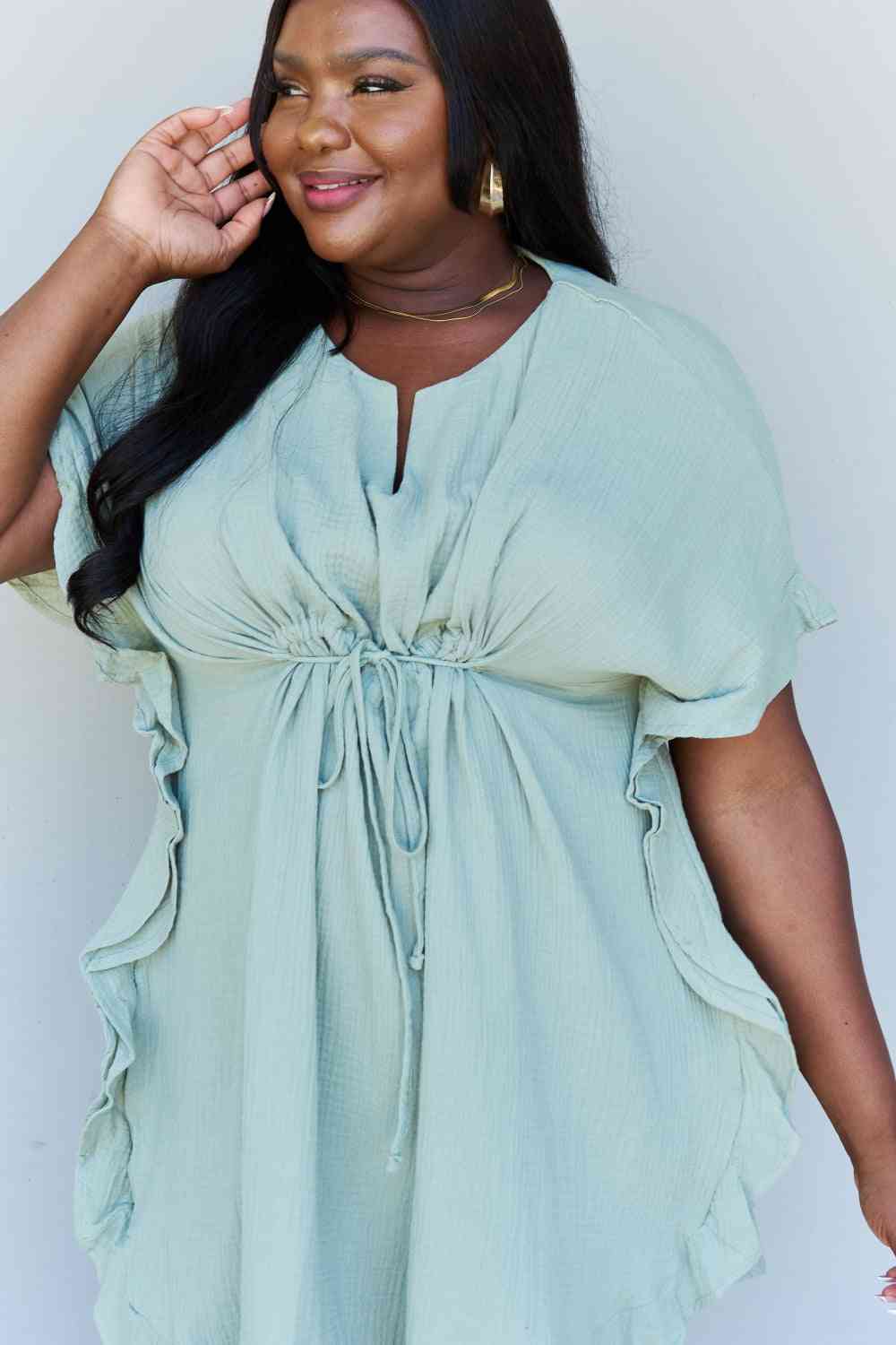 Ninexis Out Of Time Full Size Ruffle Hem Dress with Drawstring Waistband in Light Sage for a perfect OOTD – dress to impress outfits from Amexza