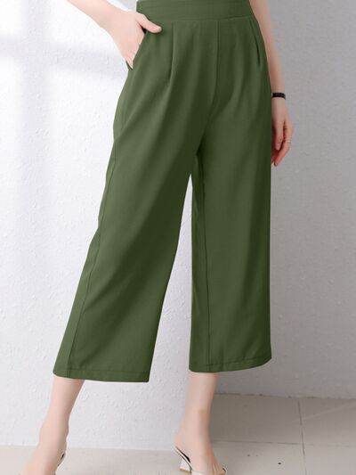 Full Size Pocketed Half Elastic Waist Pants - Amexza