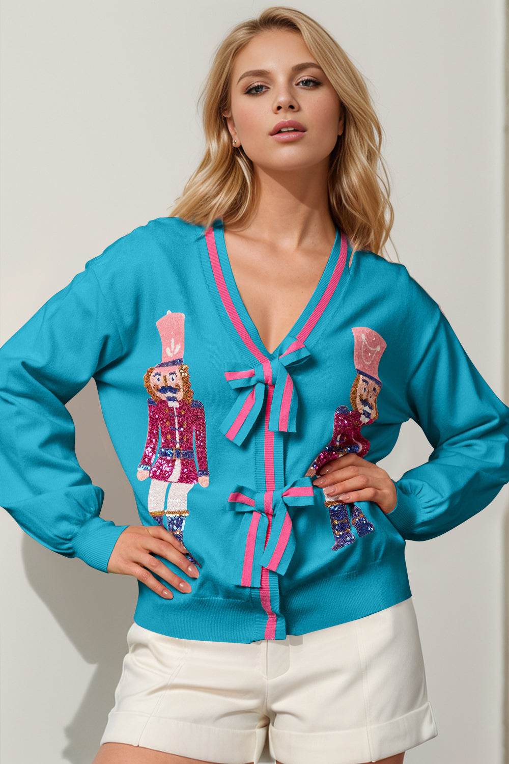 Double Take Full Size Nutcracker Sequin Bow Decor Cardigan Cerulean for a perfect OOTD – dress to impress outfits from Amexza