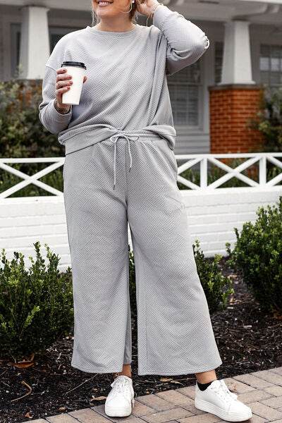 Double Take Full Size Textured Long Sleeve Top and Drawstring Pants Set for a perfect OOTD – dress to impress outfits from Amexza