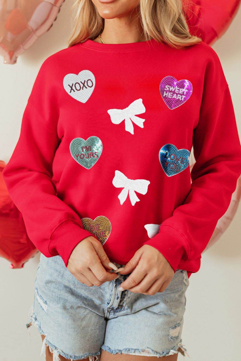 Valentine’s Day Sequin Bow Heart Round Neck Sweatshirt for a perfect OOTD – dress to impress outfits from Amexza