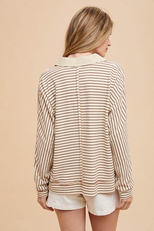 Annie Wear Striped Button Detail Long Sleeve Polo Top for a perfect OOTD – dress to impress outfits from Amexza