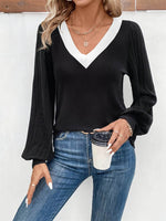 Contrast V-Neck Long Sleeve T-Shirt - Amexza