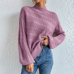 Cable-Knit Mock Neck Long Sleeve Sweater Light Mauve for a perfect OOTD – dress to impress outfits from Amexza
