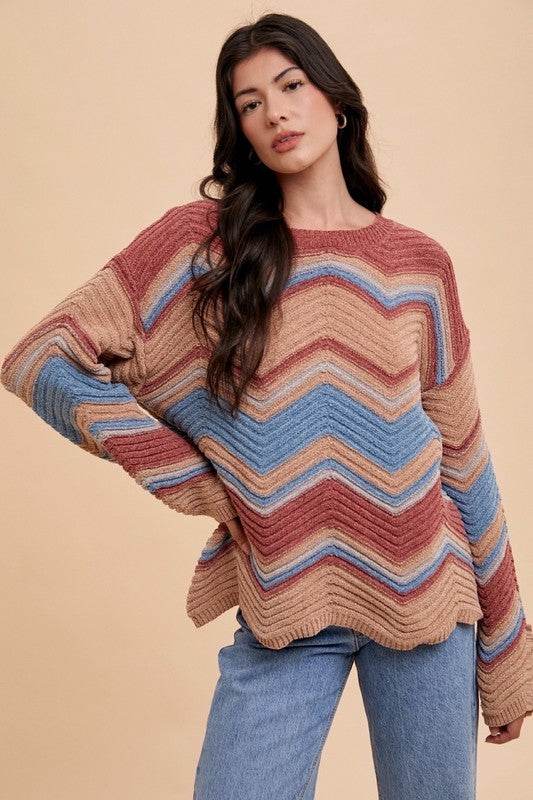 Annie Wear Multi Color Zig-Zag Round Neck Sweater for a perfect OOTD – dress to impress outfits from Amexza