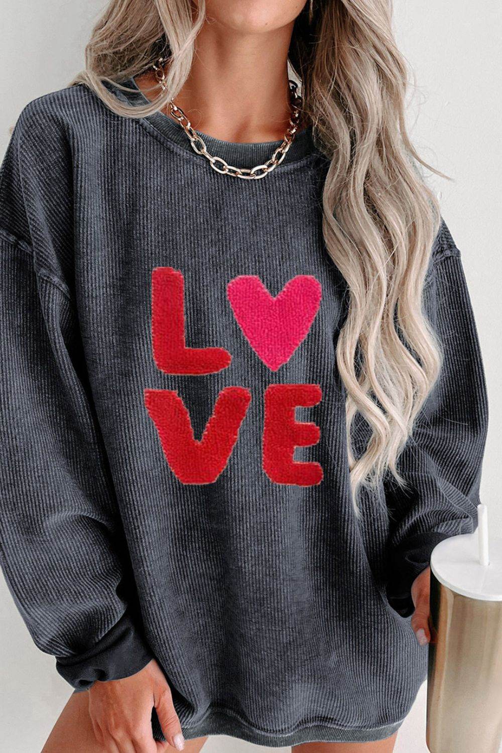 Valentine’s Day LOVE Round Neck Long Sleeve Sweatshirt Dark Gray for a perfect OOTD – dress to impress outfits from Amexza