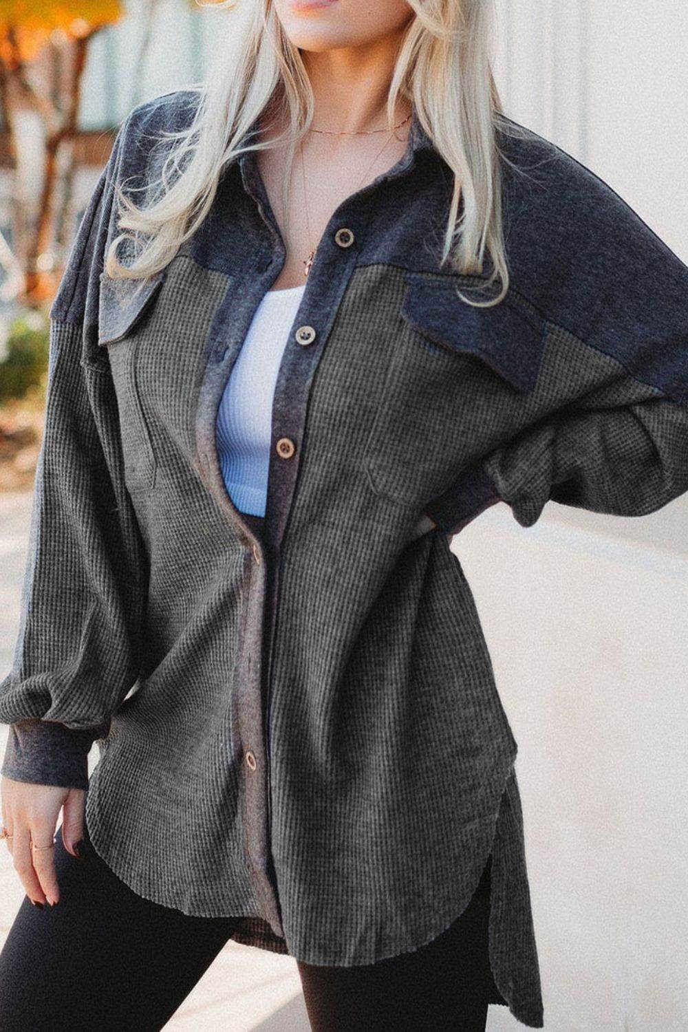 Waffle Knit Button Up Drop Shoulder Jacket Dark Gray for a perfect OOTD – dress to impress outfits from Amexza