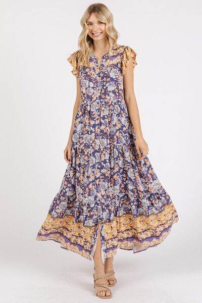 Mittoshop Floral Ruffled Notched Cap Sleeve Maxi Dress for a perfect OOTD – dress to impress outfits from Amexza