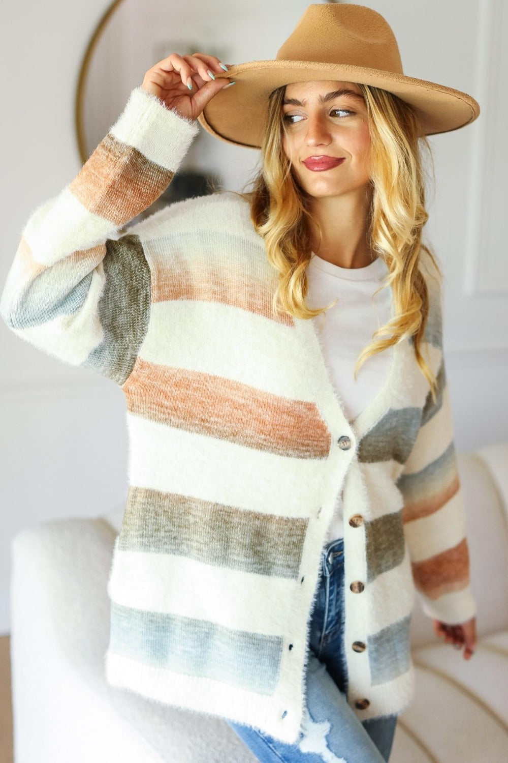 Haptics Full Size Button Down Stripe Soft Fuzzy Sweater Cardigan Ivory Rust Olive for a perfect OOTD – dress to impress outfits from Amexza