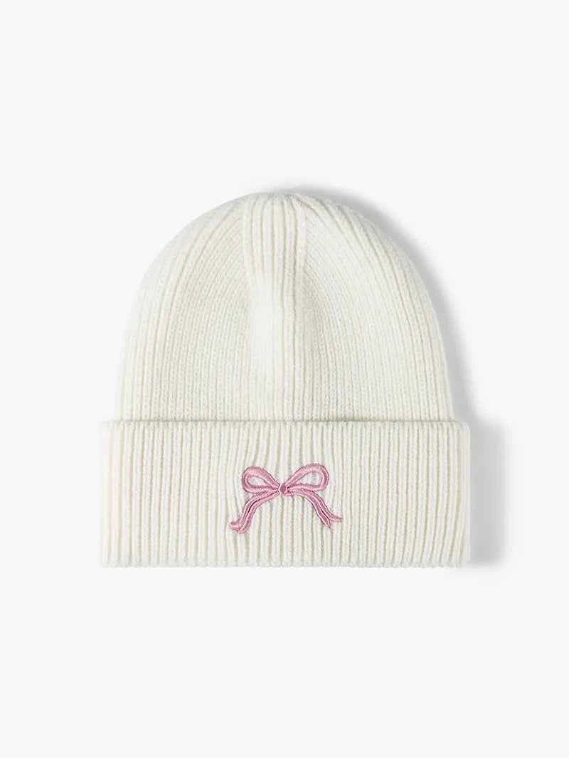 Embroidered Bow Knit Hat White One Size for a perfect OOTD – dress to impress outfits from Amexza