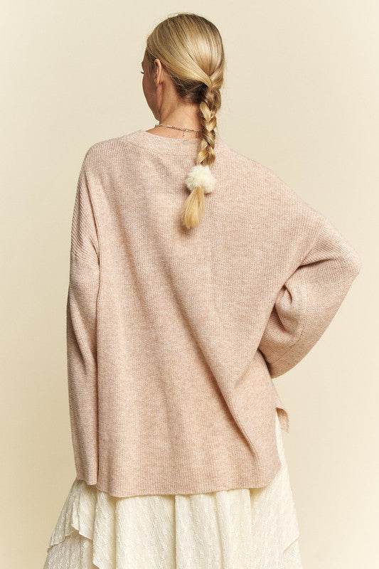 Davi & Dani High-Low Round Neck Drop Shoulder Sweater - Amexza