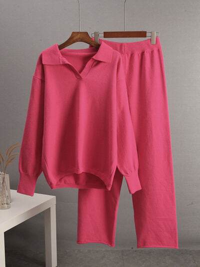 Johnny Collar Long Sleeve Top and Pants Sweater Set for a perfect OOTD – dress to impress outfits from Amexza