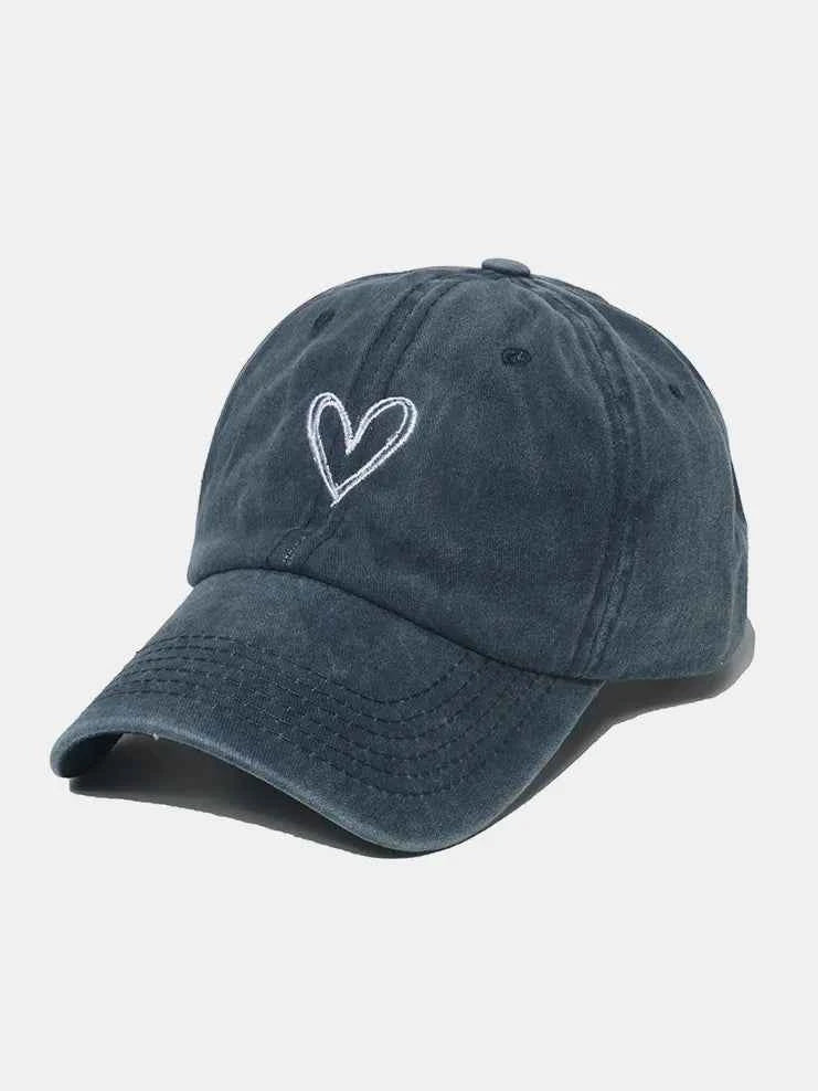 Embroidered Heart Washed Cotton Baseball Cap Dark Blue One Size for a perfect OOTD – dress to impress outfits from Amexza
