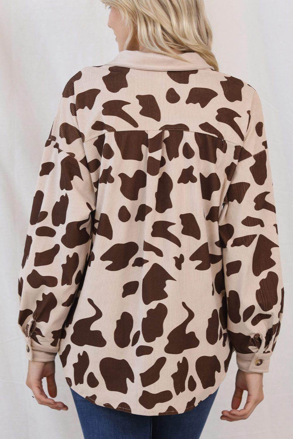 Cow Print Button Up Corduroy Shacket for a perfect OOTD – dress to impress outfits from Amexza