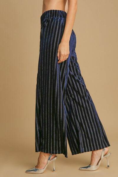 Umgee Full Size Elastic Waist Striped Wide Leg Velvet Pants - Amexza