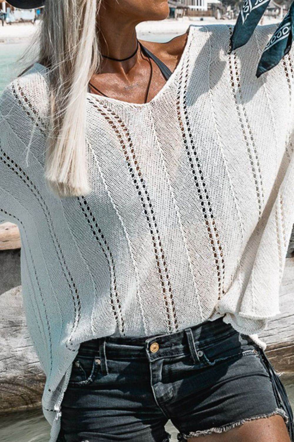 Openwork V-Neck Long Sleeve Knit Top White for a perfect OOTD – dress to impress outfits from Amexza