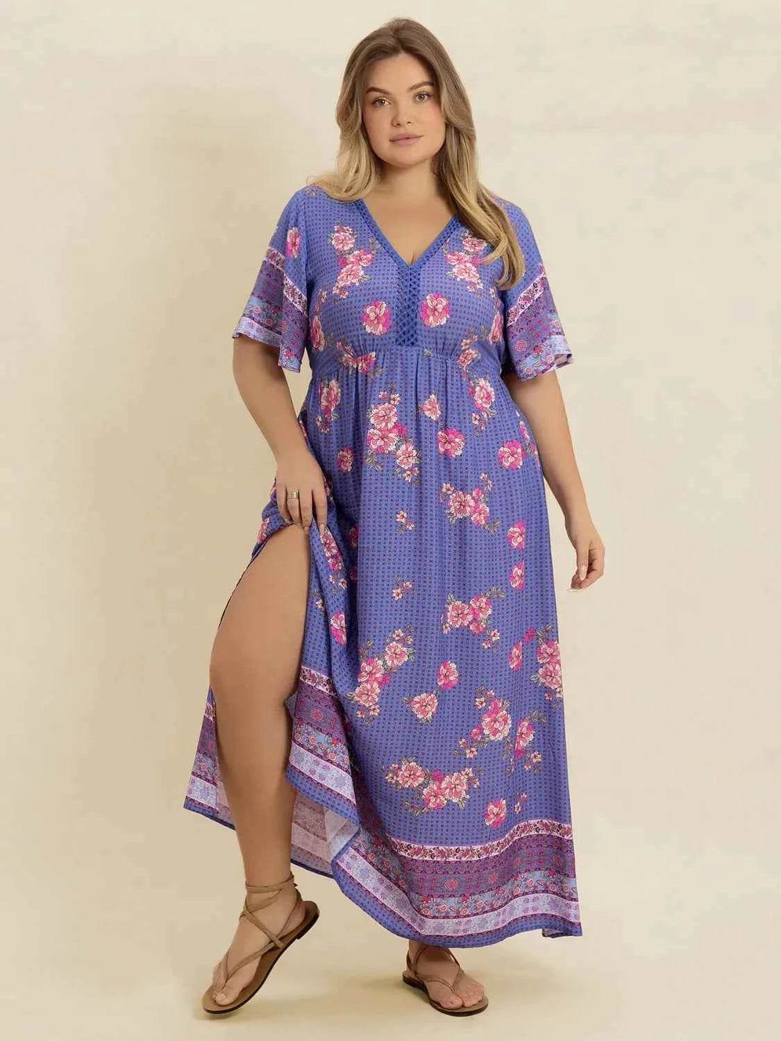 Plus Size Printed V-Neck Flutter Sleeve Dress for a perfect OOTD – dress to impress outfits from Amexza