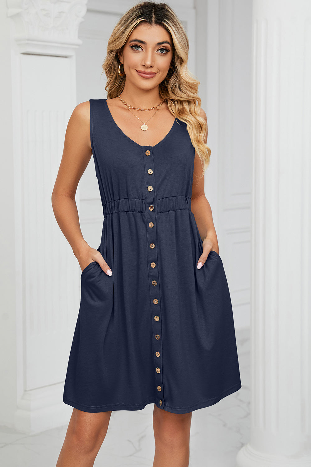 Buttoned Wide Strap Mini Dress - Dark Blue / S