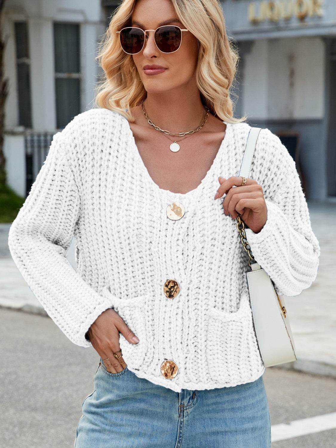 Round Neck Button Up Cardigan with Pockets - Amexza