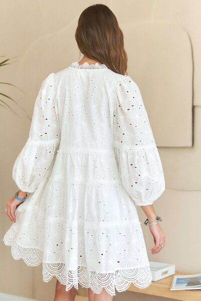 ADORA Lace Detail Tiered Eyelet V-Neck Babydoll Dress for a perfect OOTD – dress to impress outfits from Amexza