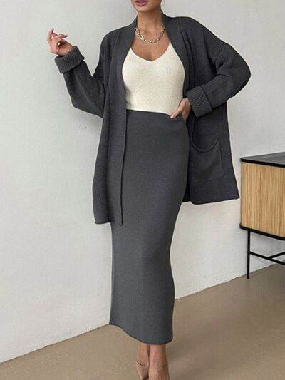 Pocketed Long Sleeve Cardigan and Skirt Sweater Set - Amexza