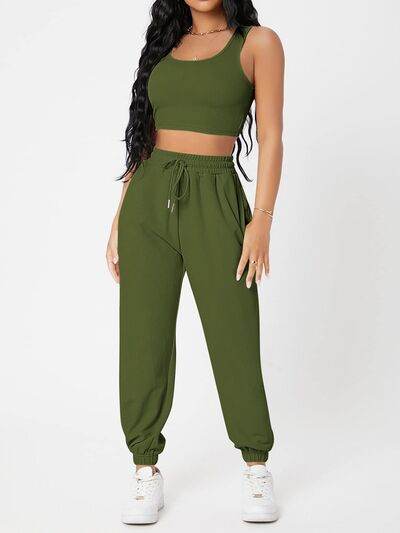 Wide Strap Top and Drawstring Joggers Set Matcha Green for a perfect OOTD – dress to impress outfits from Amexza