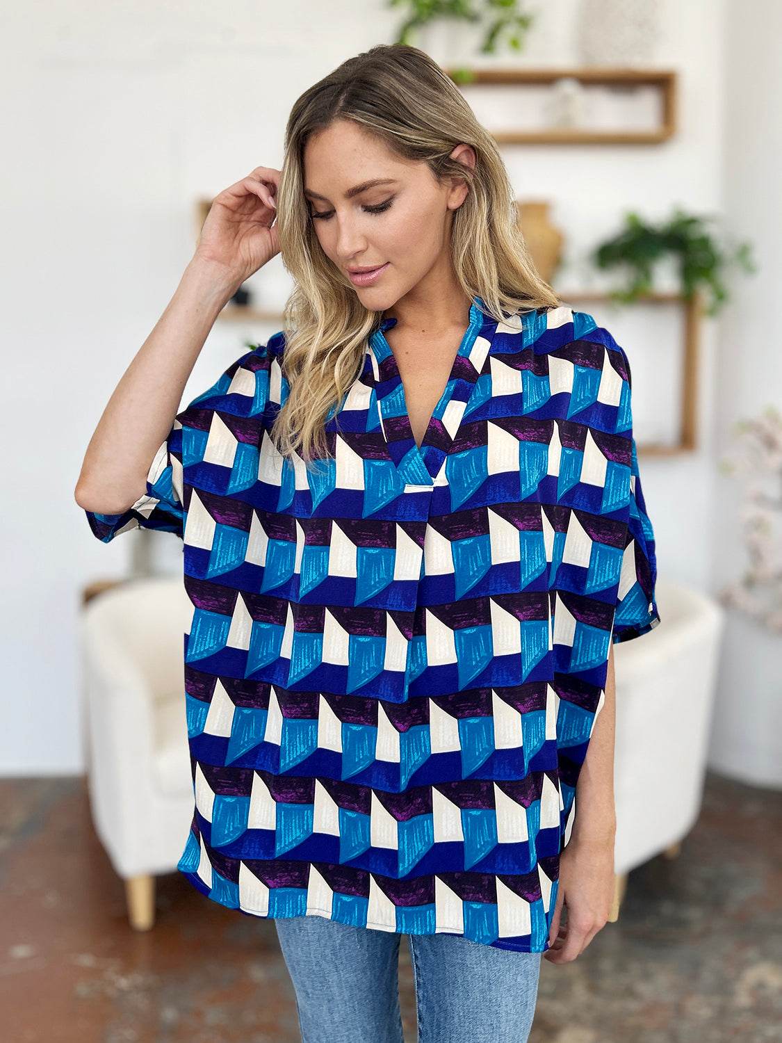 Double Take Full Size Geometric Notched Half Sleeve Blouse for a perfect OOTD – dress to impress outfits from Amexza