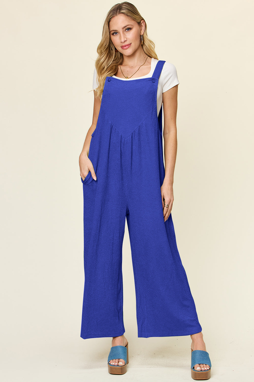 Double Take Full Size Texture Sleeveless Wide Leg Overall Royal Blue for a perfect OOTD – dress to impress outfits from Amexza