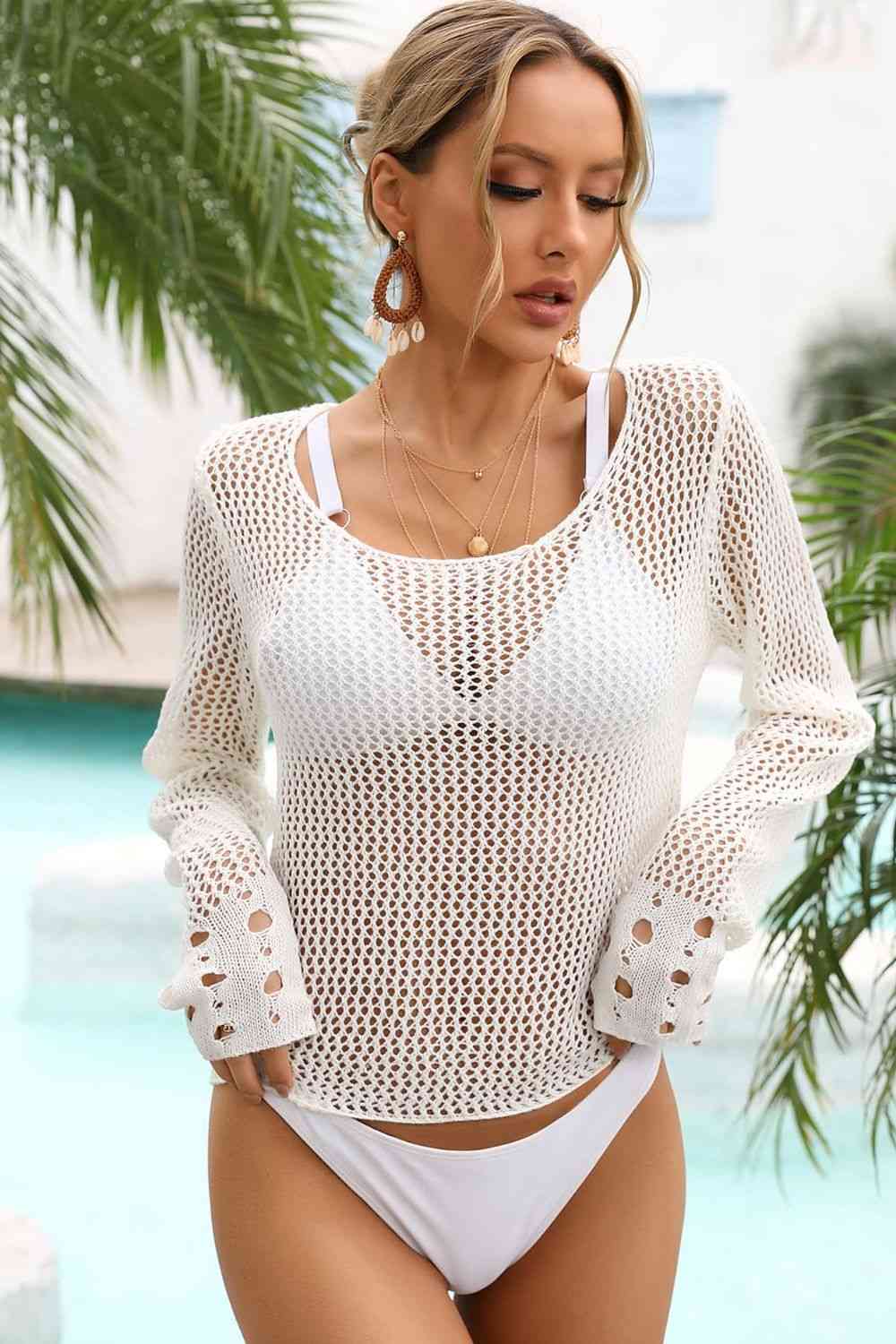 Angel Wings Openwork Scoop Neck Long Sleeve Cover-Up White for a perfect OOTD – dress to impress outfits from Amexza