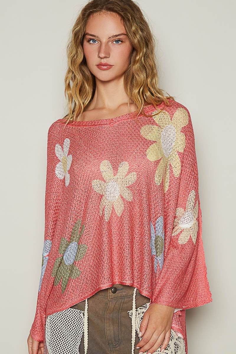 POL Flower Dropped Shoulder Long Sleeve Knit Top - Amexza