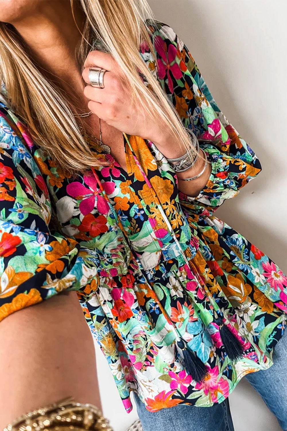 Floral Tie Neck Balloon Sleeve Blouse - Amexza