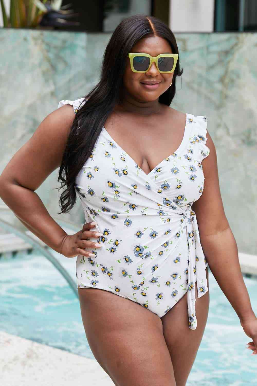 Marina West Swim Float On Ruffle Faux Wrap One-Piece in Daisy Cream for a perfect OOTD – dress to impress outfits from Amexza