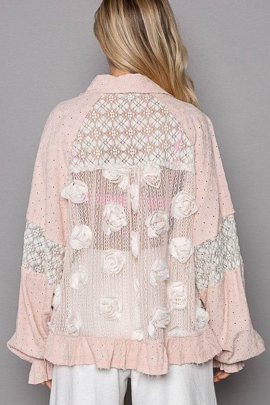 POL Eyelet Flower Pearl Detail Lace Patchwork Shirt for a perfect OOTD – dress to impress outfits from Amexza