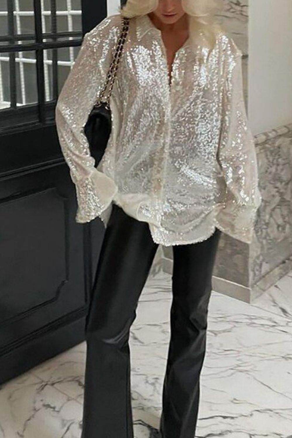 Sequin Button Up Long Sleeve Shirt for a perfect OOTD – dress to impress outfits from Amexza