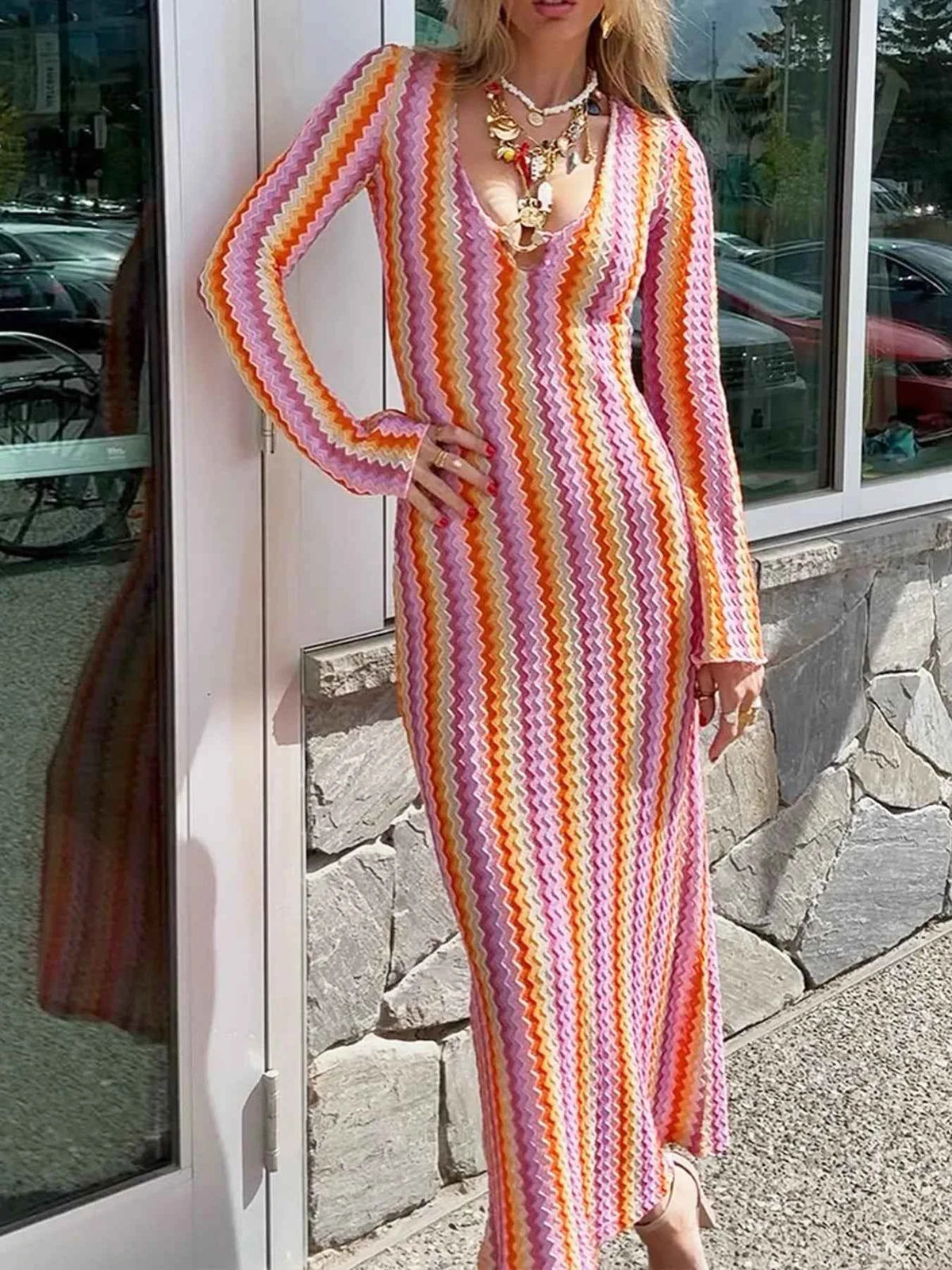 Contrast Striped Long Sleeve Maxi Dress